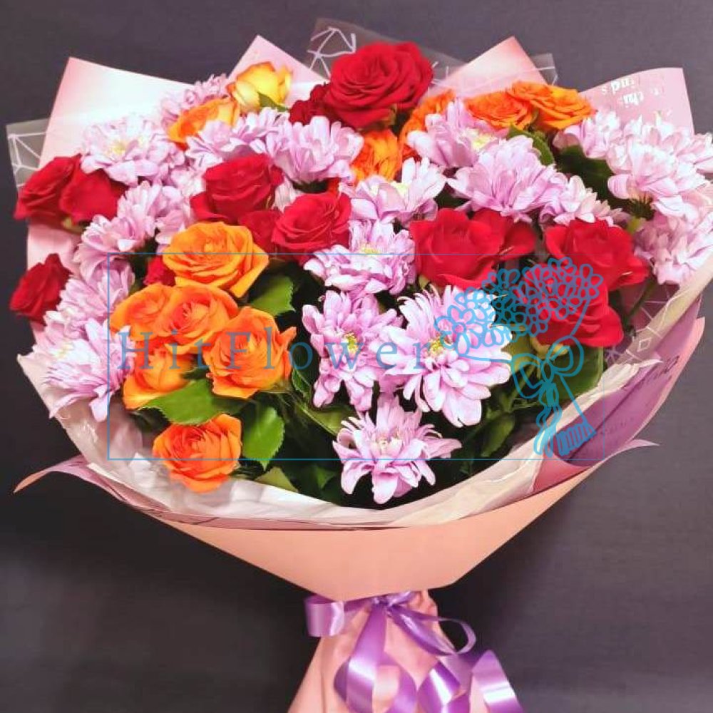 Букет цветов из: Хризантемы и Розы